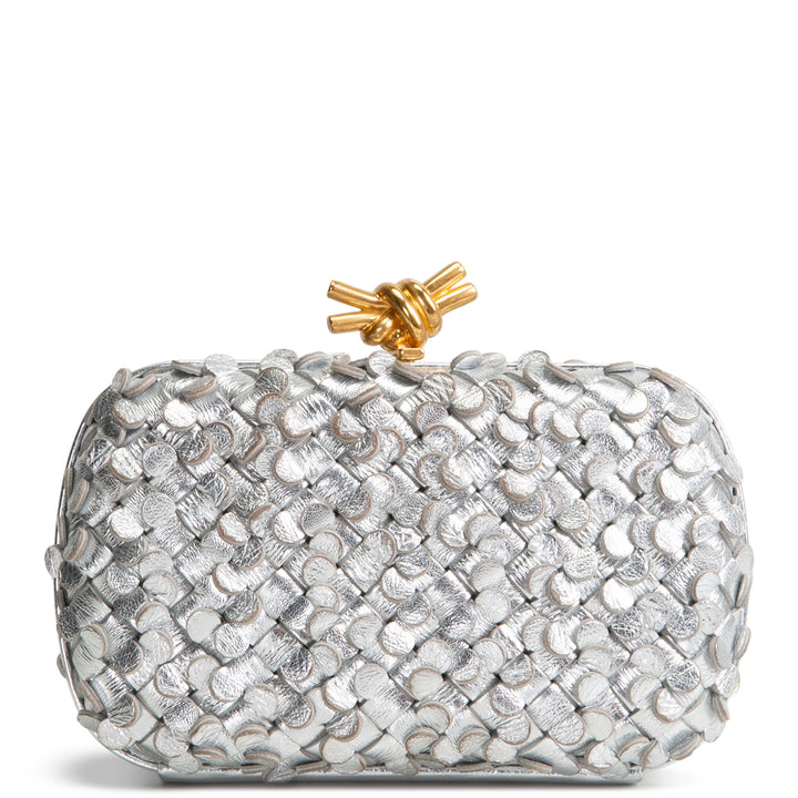 BOTTEGA VENETA Intrecciato Confetti Knot Clutch - Metallic Silver