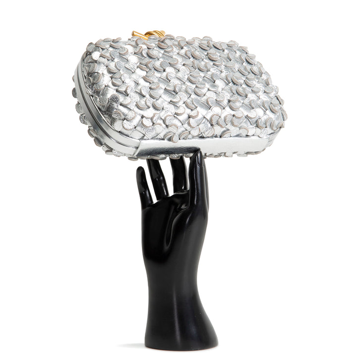 BOTTEGA VENETA Intrecciato Confetti Knot Clutch - Metallic Silver