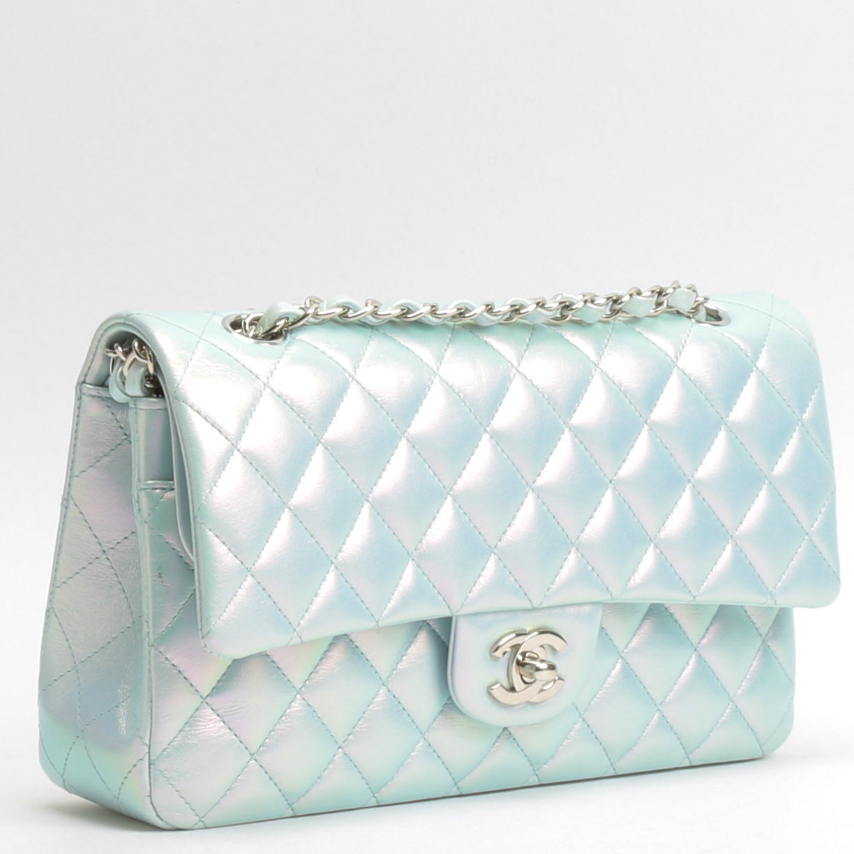 Chanel Sky Blue Quilted Iridescent Patent Leather Jumbo Classic Double Flap  Bag