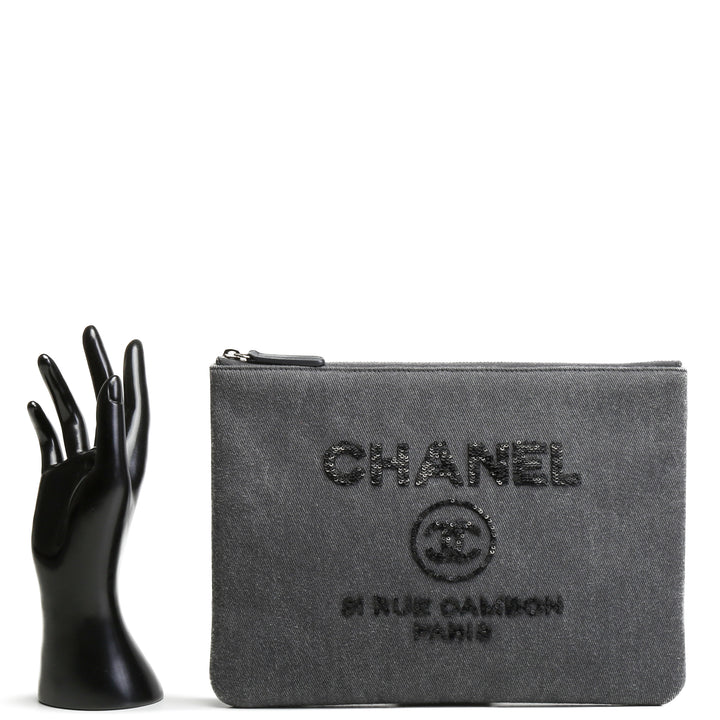 CHANEL Denim Sequin Deauville O-Case - Gray