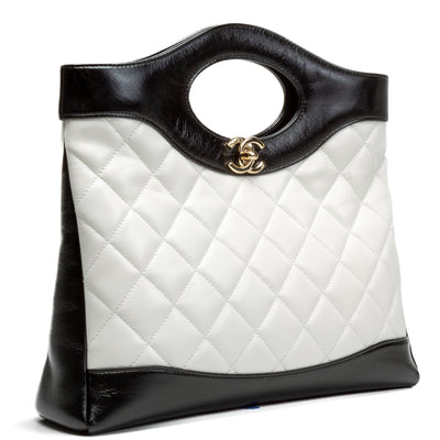 CHANEL 31 Small Lambskin Quilted Shiny Shopping Bag - Black/White