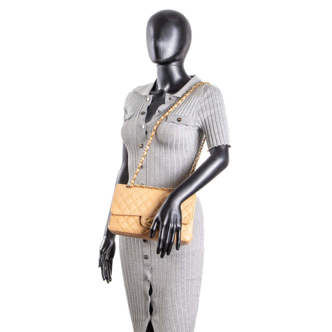 CHANEL Caviar Medium Double Flap Shoulder Bag - Beige