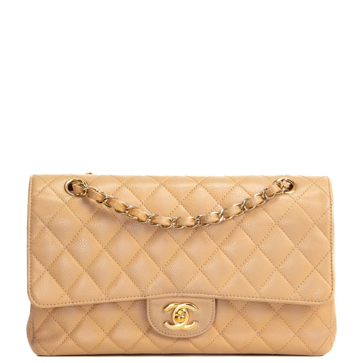 CHANEL Caviar Medium Double Flap Shoulder Bag - Beige