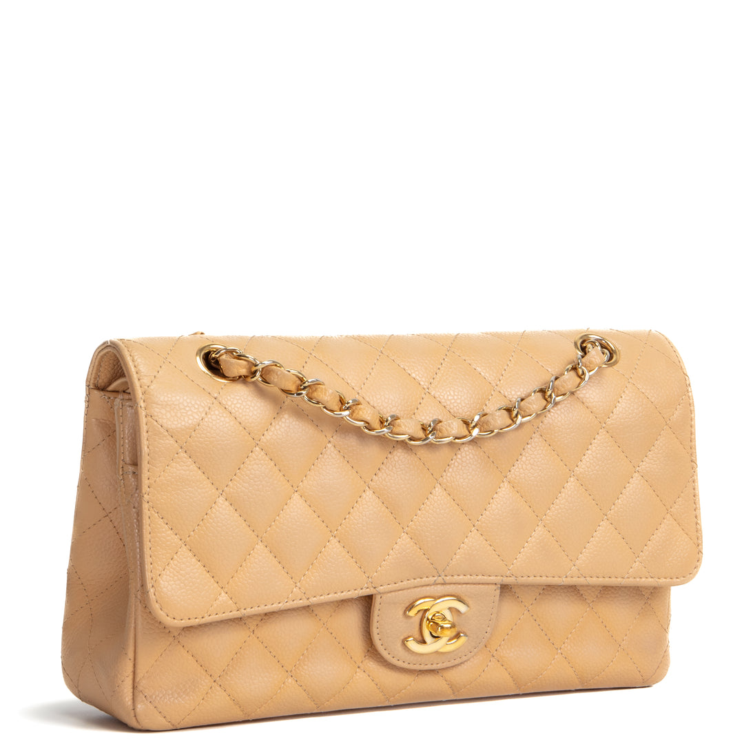 CHANEL Caviar Medium Double Flap Shoulder Bag - Beige