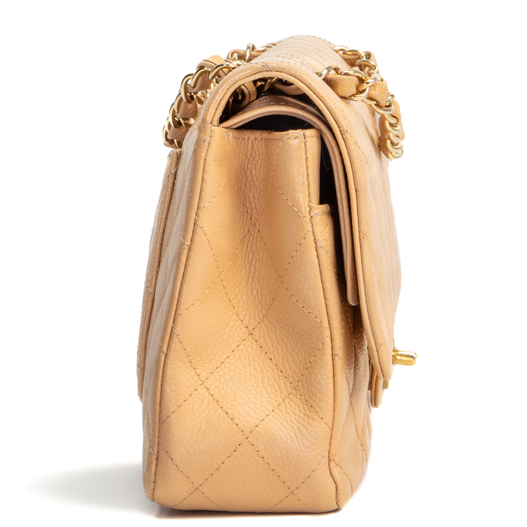 CHANEL Caviar Medium Double Flap Shoulder Bag - Beige