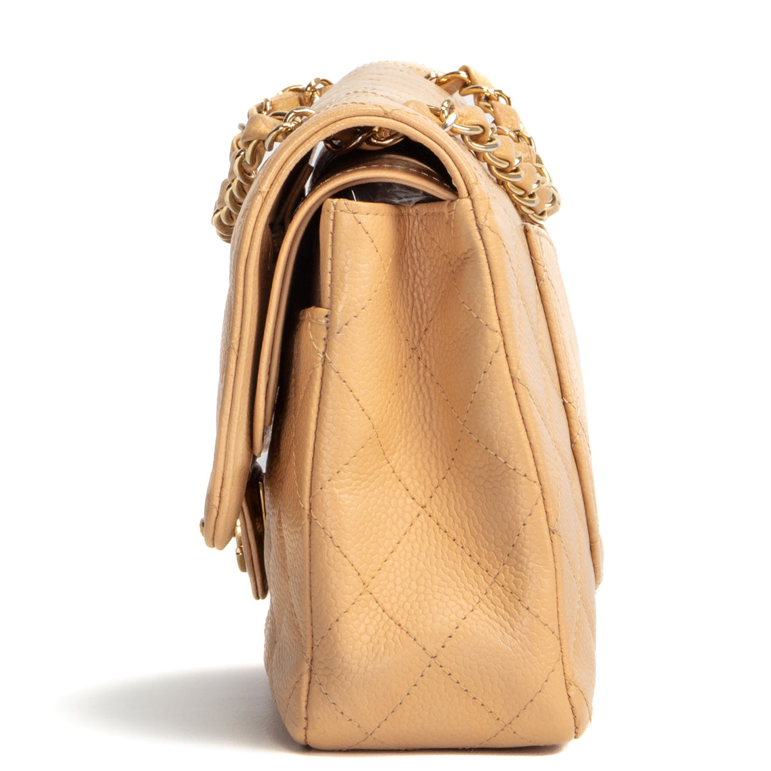 CHANEL Caviar Medium Double Flap Shoulder Bag - Beige