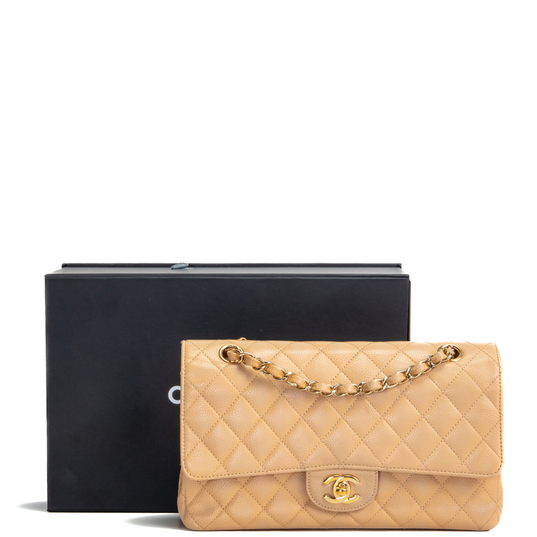CHANEL Caviar Medium Double Flap Shoulder Bag - Beige