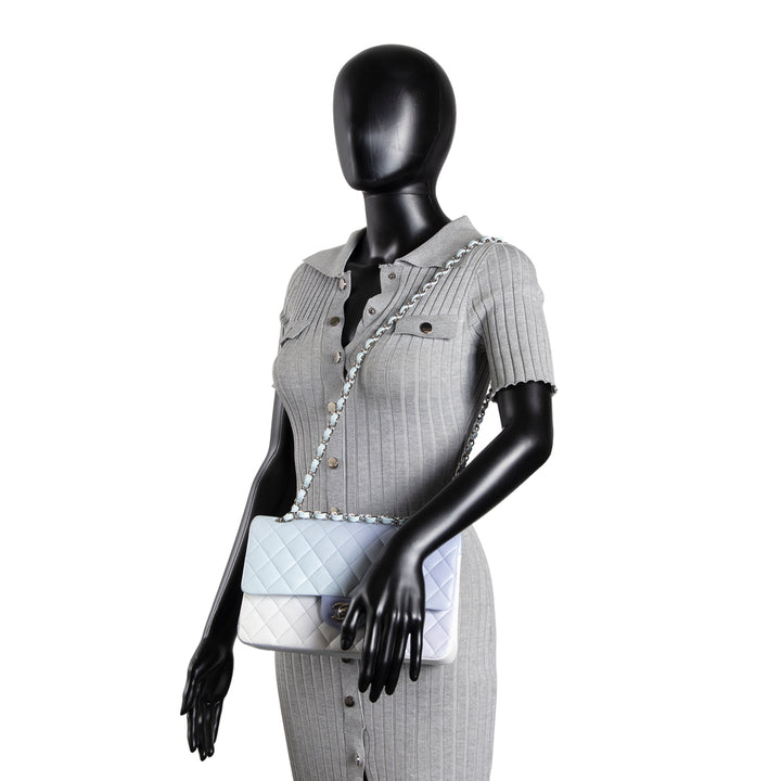 CHANEL Double Flap Light Blue Light Purple & White