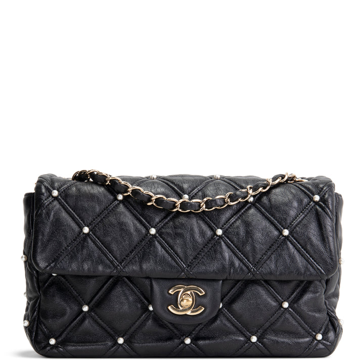 CHANEL CC Flap Pearl Studded Quilted Lambskin - Black