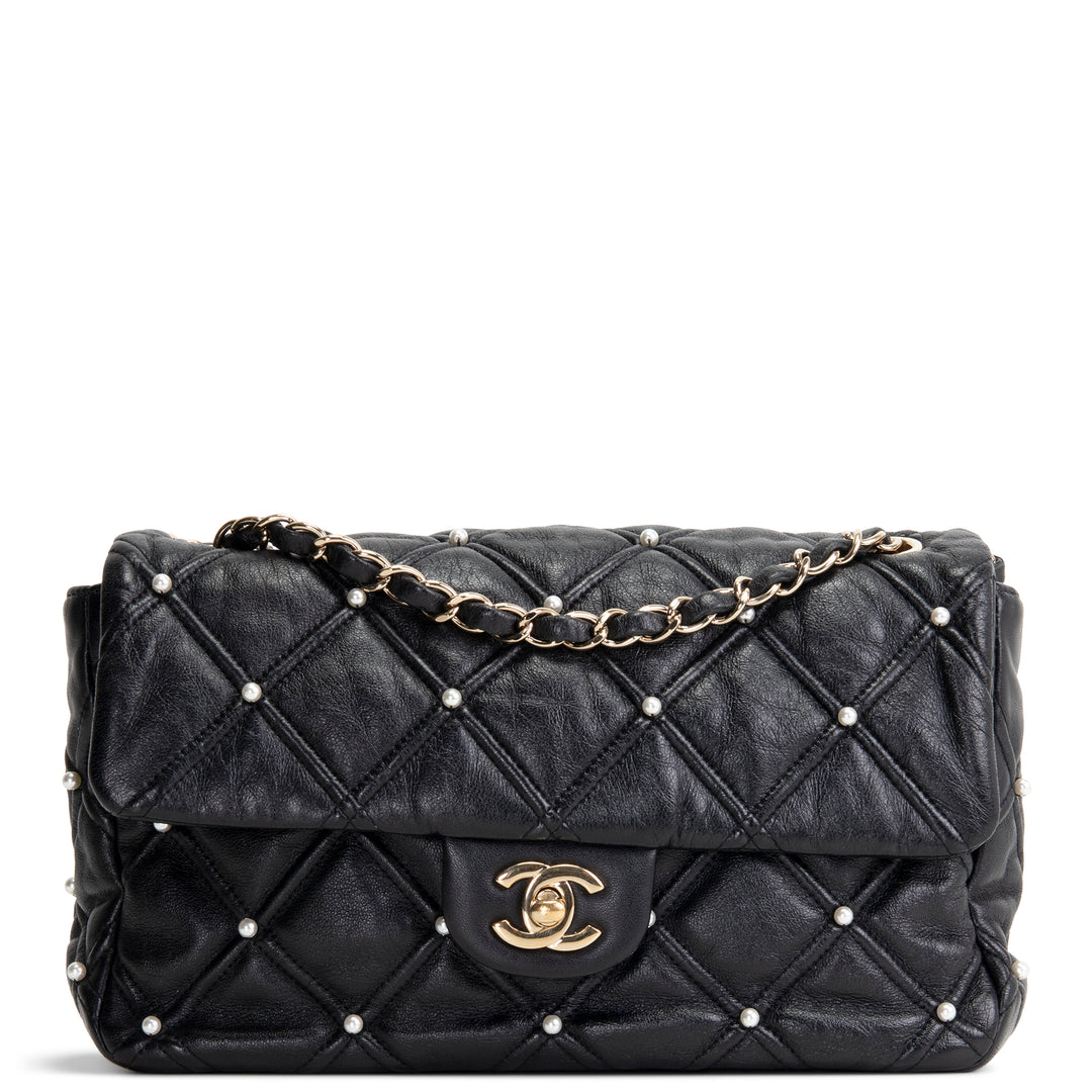 CHANEL CC Flap Pearl Studded Quilted Lambskin - Black