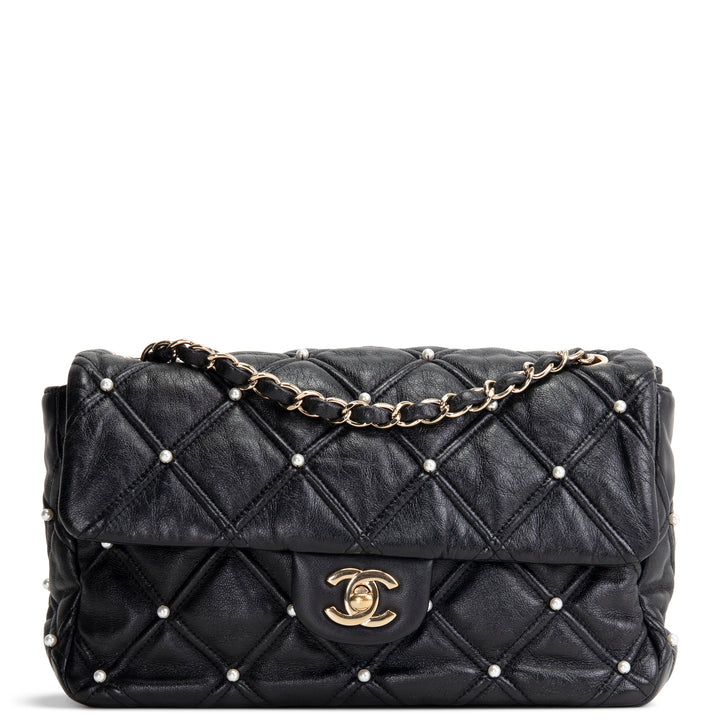 CHANEL CC Flap Pearl Studded Quilted Lambskin - Black