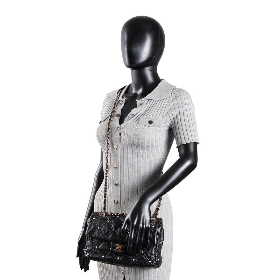 CHANEL CC Flap Pearl Studded Quilted Lambskin - Black