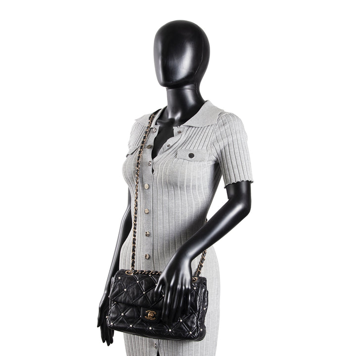 CHANEL CC Flap Pearl Studded Quilted Lambskin - Black