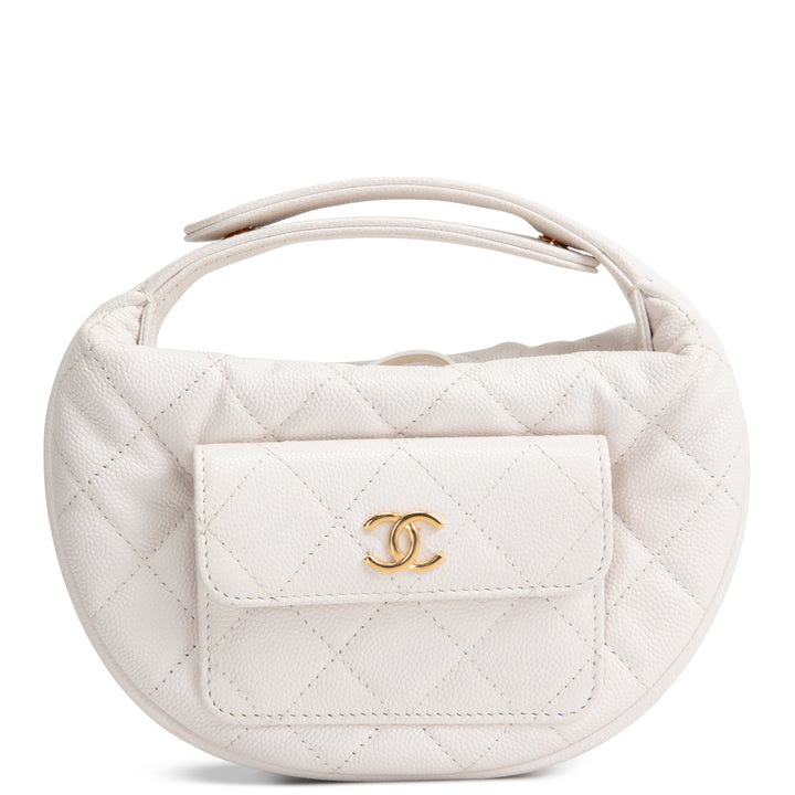 CHANEL Front Pocket Hobo Pouch Mini Quilted Caviar - White