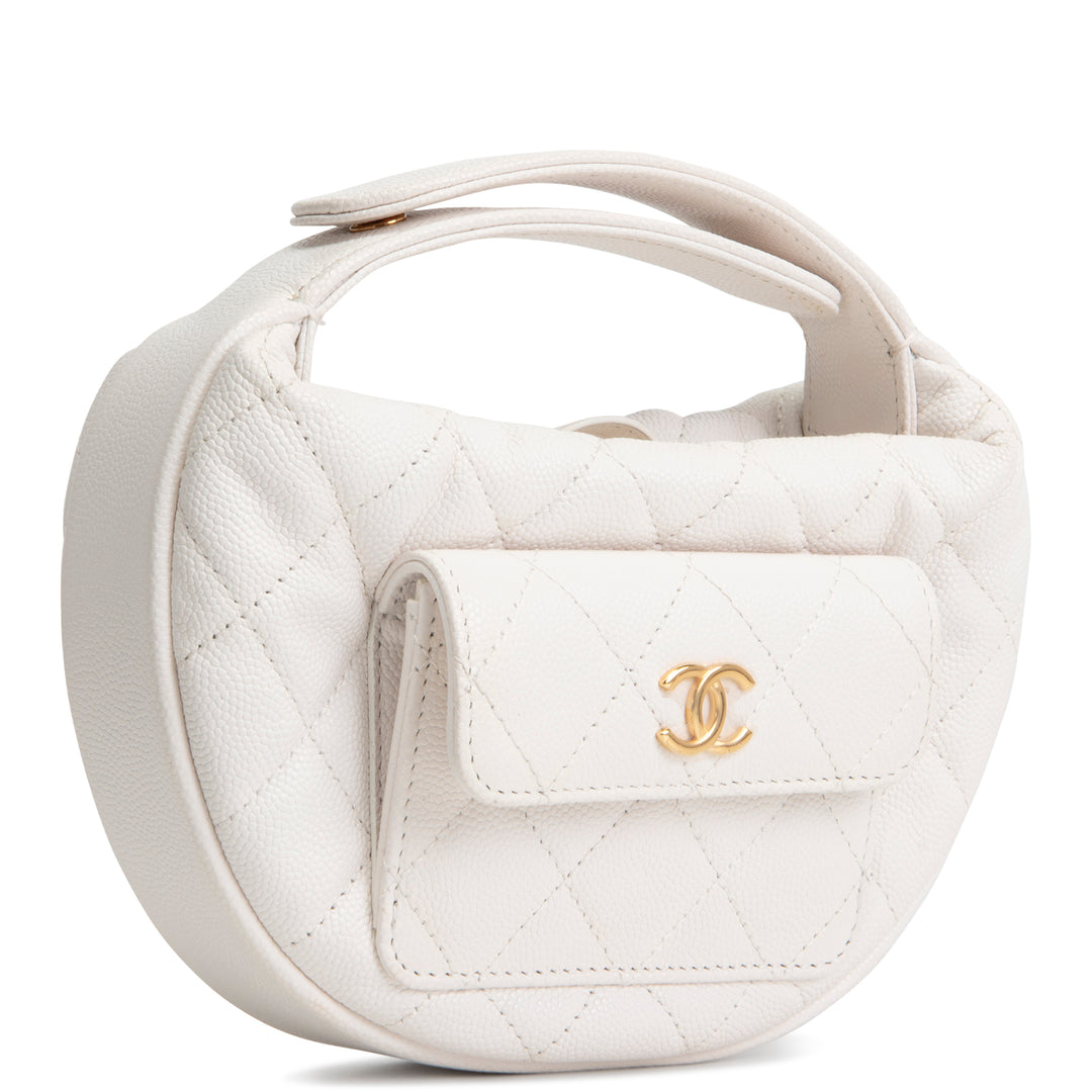 CHANEL Front Pocket Hobo Pouch Mini Quilted Caviar - White