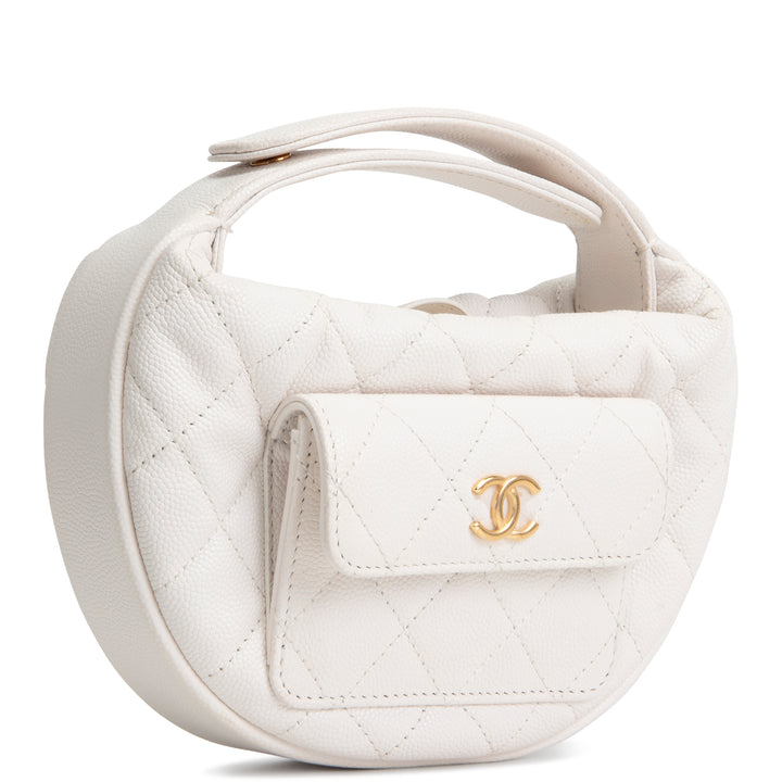CHANEL Front Pocket Hobo Pouch Mini Quilted Caviar - White