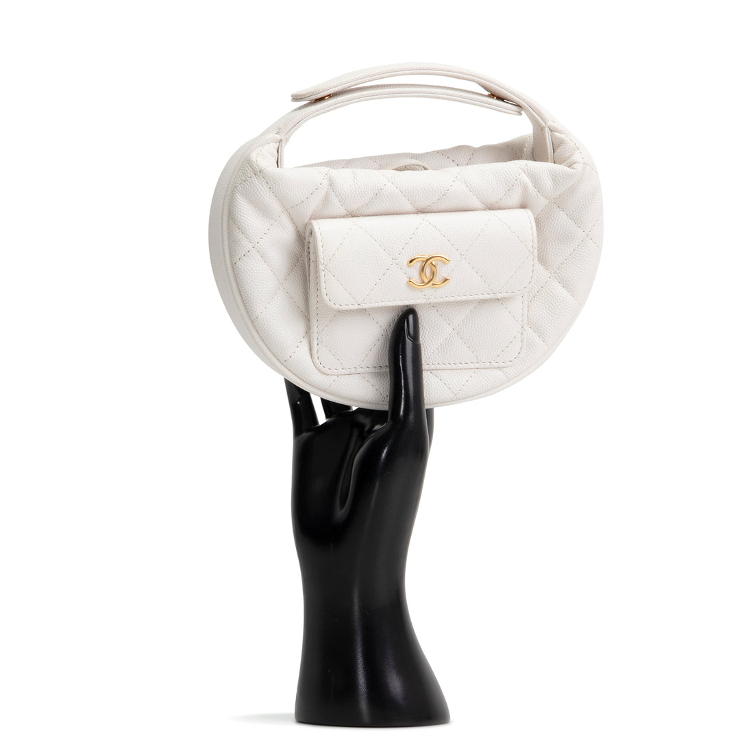 CHANEL Front Pocket Hobo Pouch Mini Quilted Caviar - White