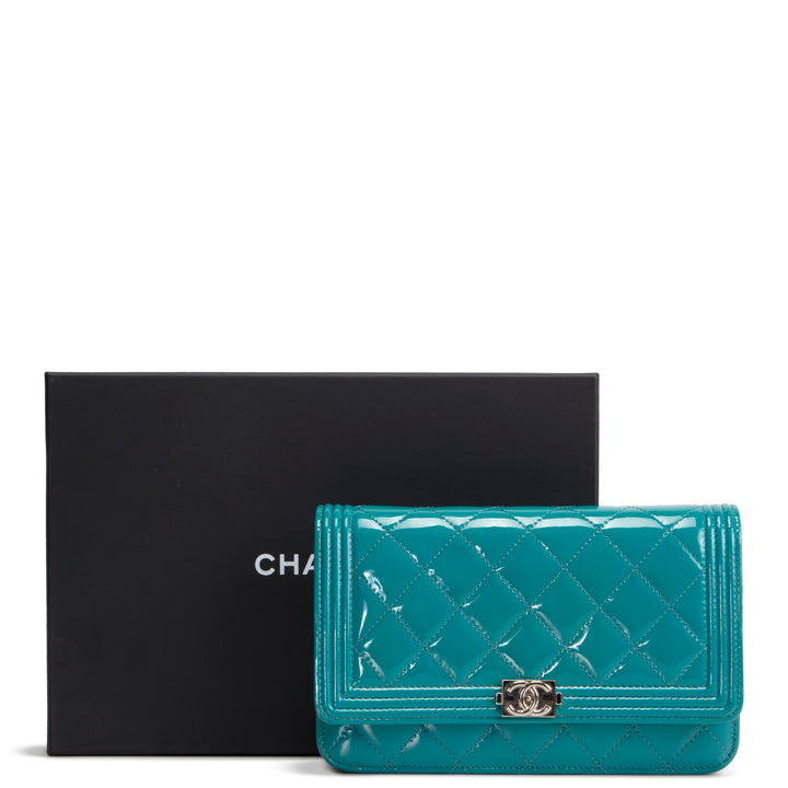 CHANEL Patent Boy Wallet On Chain - Turquoise