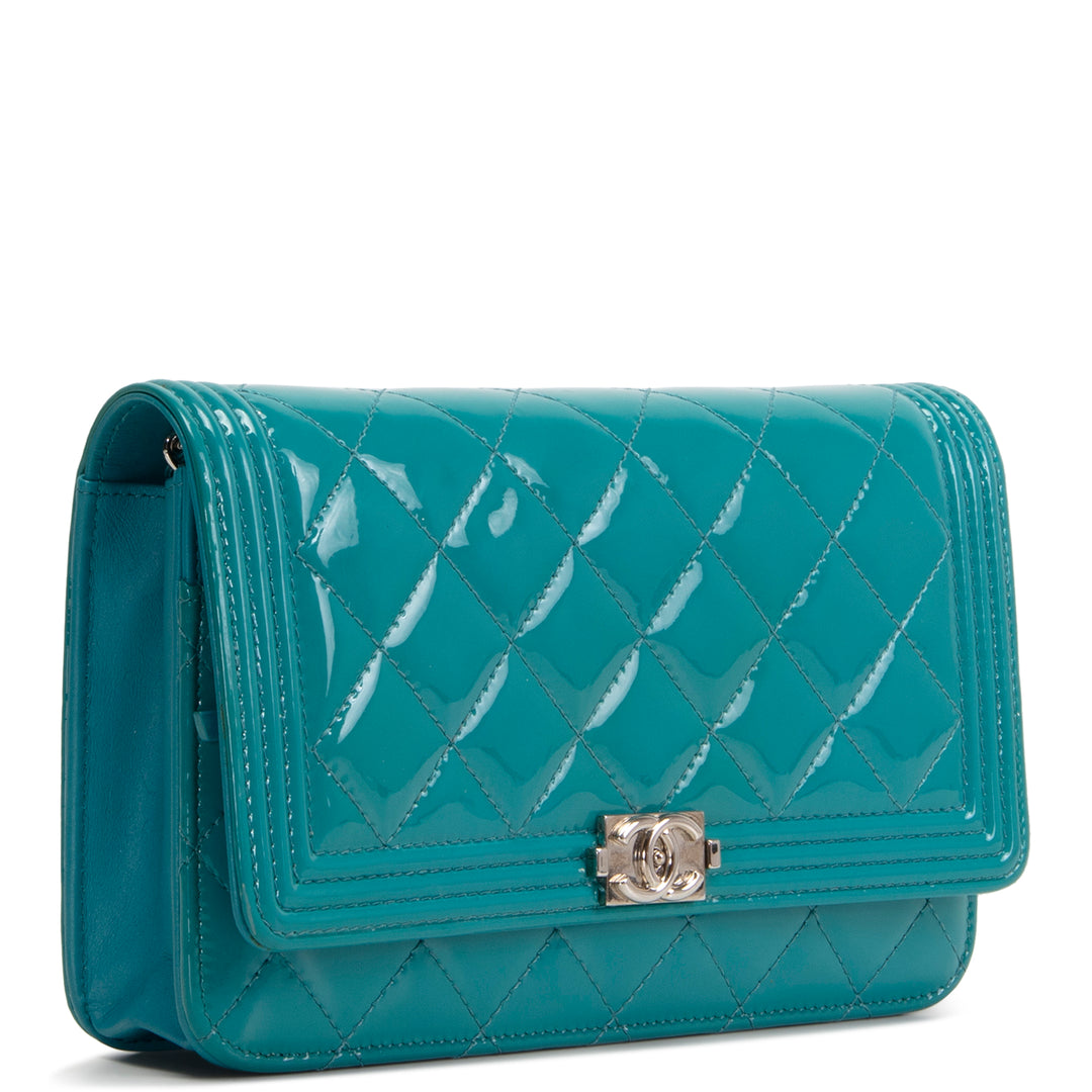 CHANEL Patent Boy Wallet On Chain - Turquoise