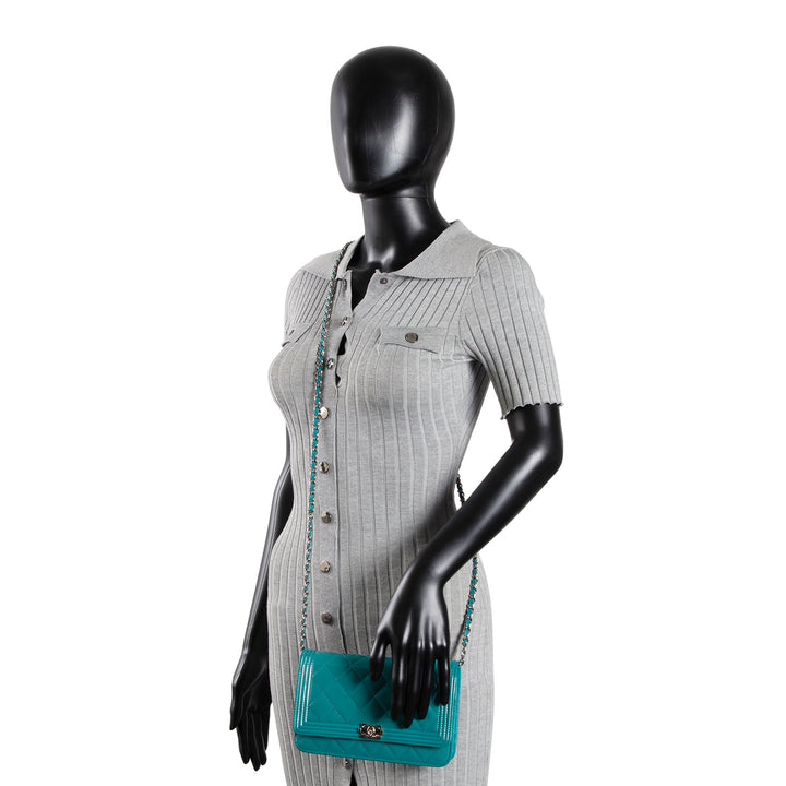 CHANEL Patent Boy Wallet On Chain - Turquoise