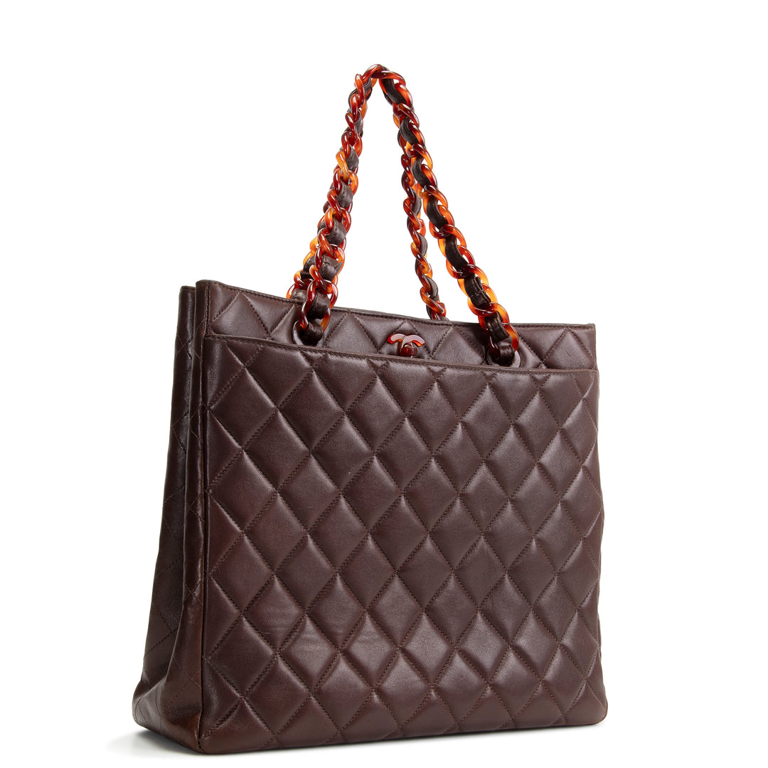 CHANEL Vintage Lambskin Quilted CC Bakelite Turnlock Tote - Brown