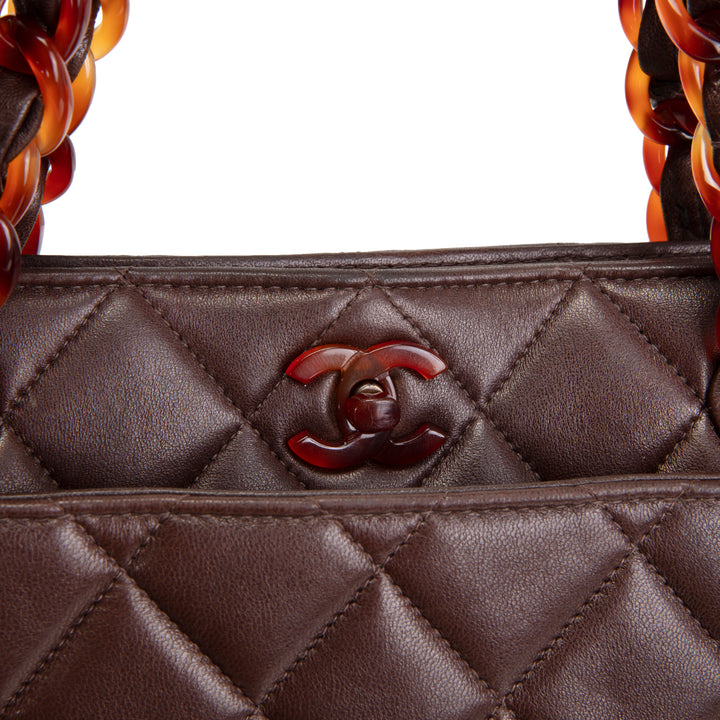 CHANEL Vintage Lambskin Quilted CC Bakelite Turnlock Tote - Brown