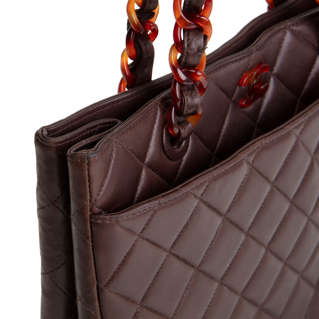 CHANEL Vintage Lambskin Quilted CC Bakelite Turnlock Tote - Brown