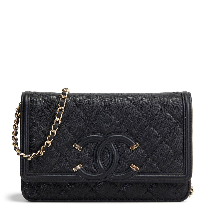 CHANEL Caviar Filigree Wallet on Chain - Black