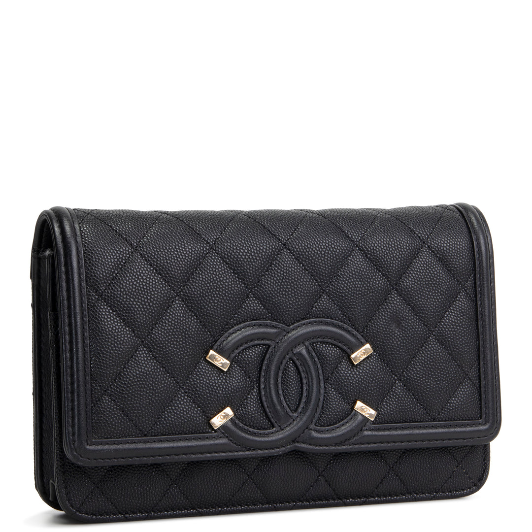 CHANEL Caviar Filigree Wallet on Chain - Black