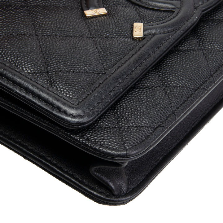 CHANEL Caviar Filigree Wallet on Chain - Black