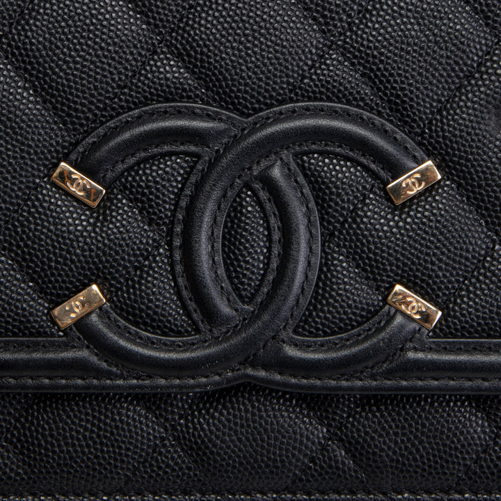 CHANEL Caviar Filigree Wallet on Chain - Black
