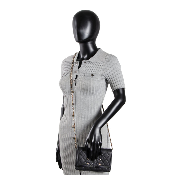 CHANEL Caviar Filigree Wallet on Chain - Black