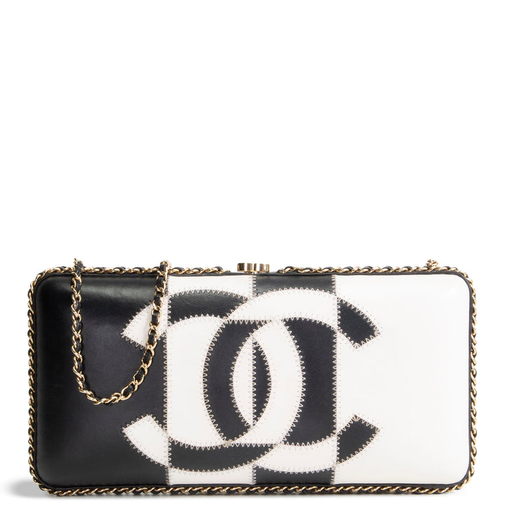 CHANEL Lambskin Logo Clutch On Chain - Black/White