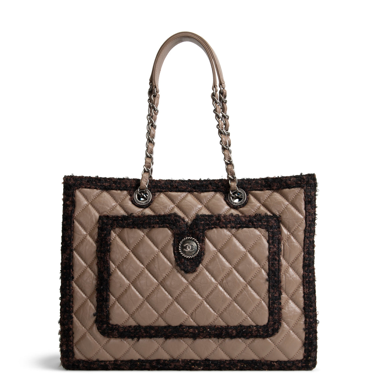 CHANEL Large Secrets Tote Quilted Calfskin w/ Tweed Trim - Taupe
