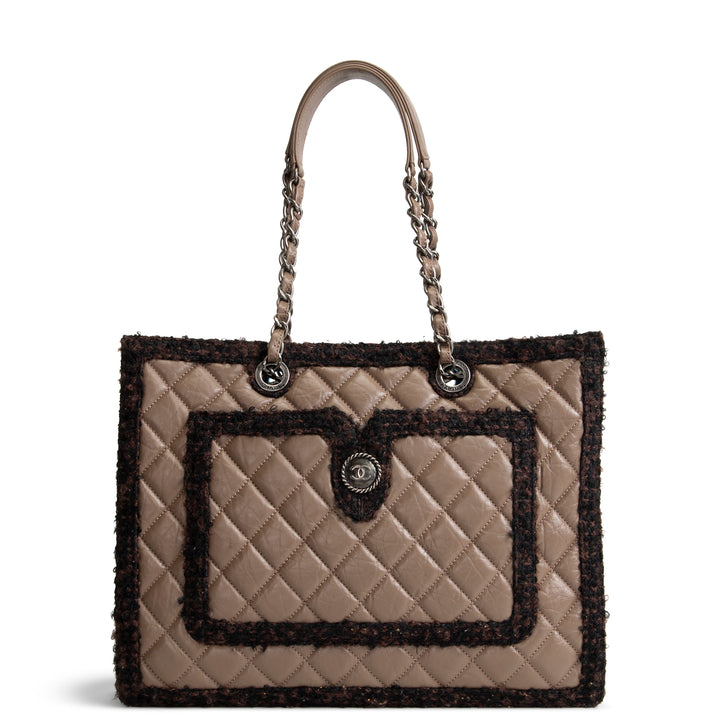 CHANEL Large Secrets Tote Quilted Calfskin w/ Tweed Trim - Taupe