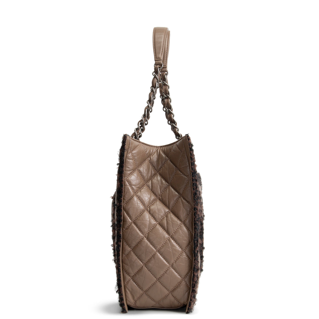 CHANEL Large Secrets Tote Quilted Calfskin w/ Tweed Trim - Taupe