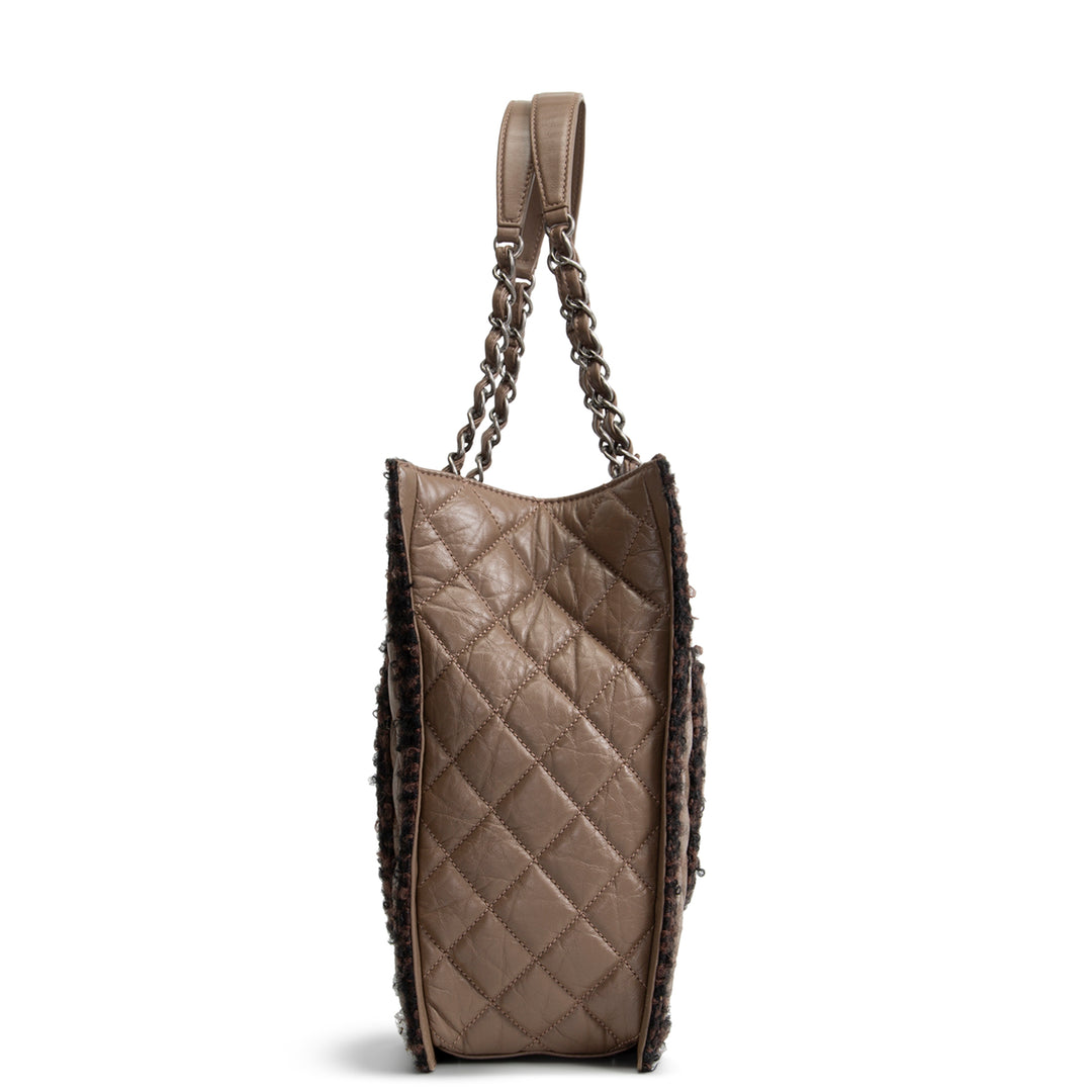 CHANEL Large Secrets Tote Quilted Calfskin w/ Tweed Trim - Taupe