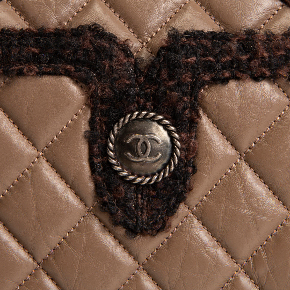 CHANEL Large Secrets Tote Quilted Calfskin w/ Tweed Trim - Taupe