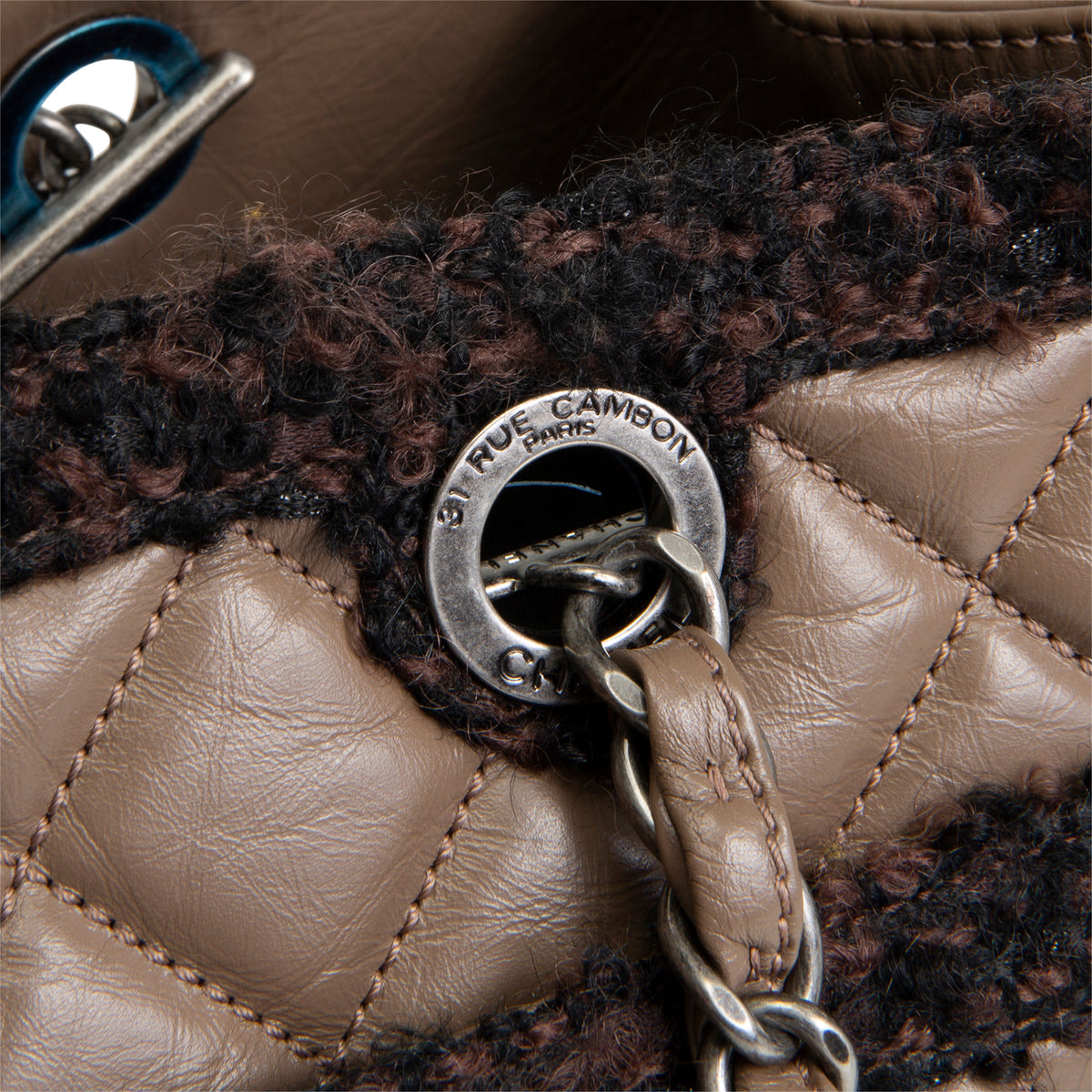 CHANEL Large Secrets Tote Quilted Calfskin w/ Tweed Trim - Taupe