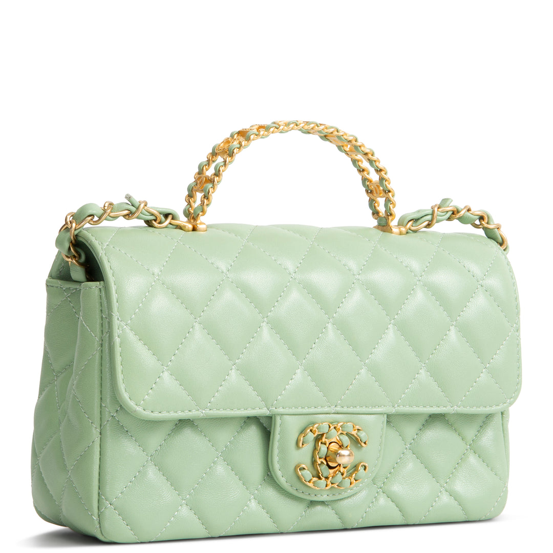 CHANEL Lambskin Quilted Mini Strass on Top Handle Flap Bag - Seafoam Green