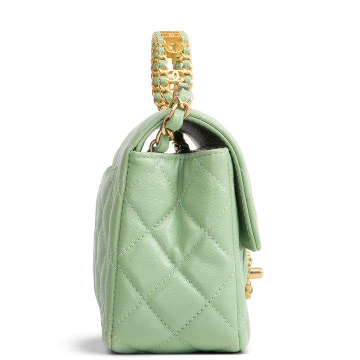 CHANEL Lambskin Quilted Mini Strass on Top Handle Flap Bag - Seafoam Green