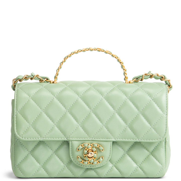 CHANEL Lambskin Quilted Mini Strass on Top Handle Flap Bag - Seafoam Green
