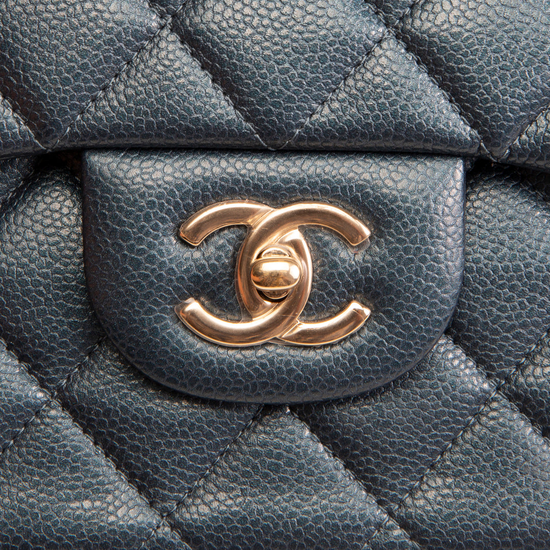 CHANEL Quilted Caviar Jumbo Double Flap Bag - Iridescent Navy