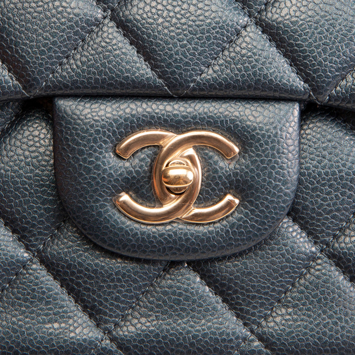CHANEL Quilted Caviar Jumbo Double Flap Bag - Iridescent Navy