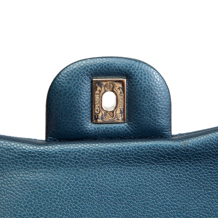 CHANEL Quilted Caviar Jumbo Double Flap Bag - Iridescent Navy