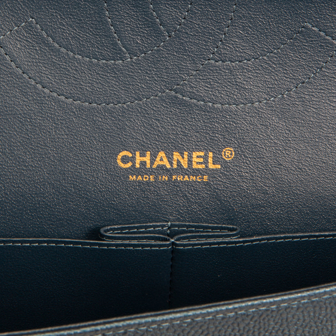 CHANEL Quilted Caviar Jumbo Double Flap Bag - Iridescent Navy