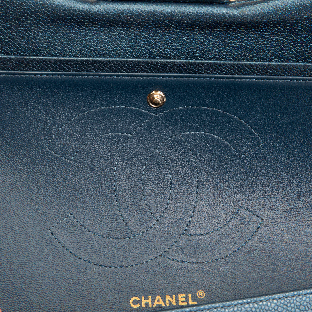 CHANEL Quilted Caviar Jumbo Double Flap Bag - Iridescent Navy