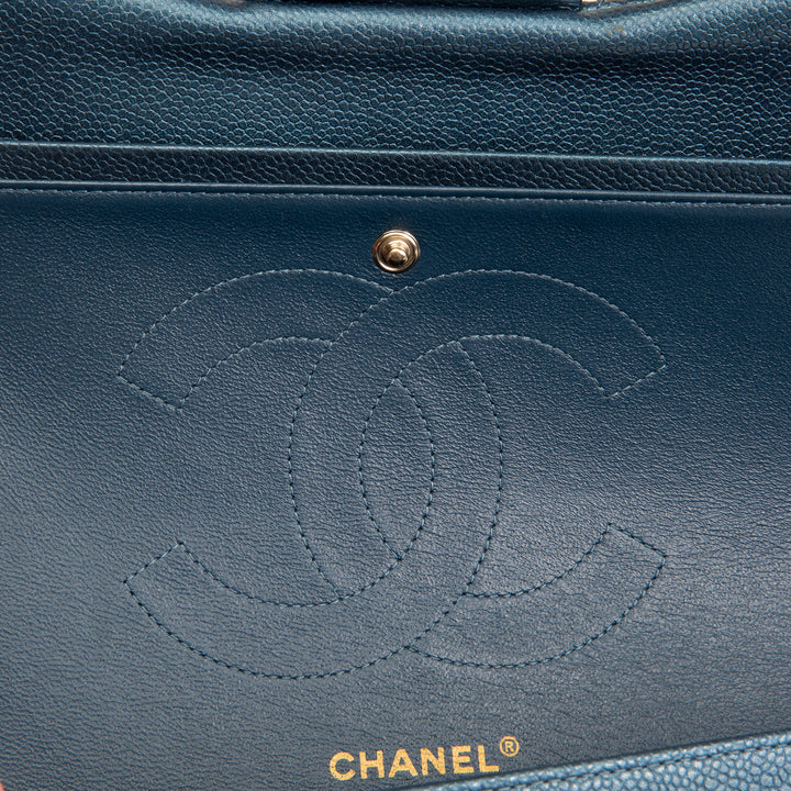 CHANEL Quilted Caviar Jumbo Double Flap Bag - Iridescent Navy