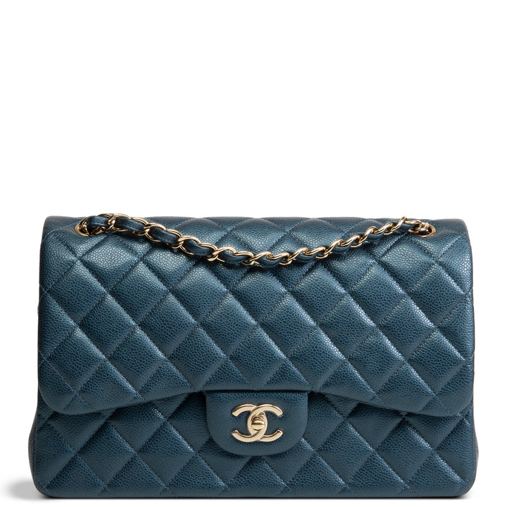 CHANEL Quilted Caviar Jumbo Double Flap Bag - Iridescent Navy