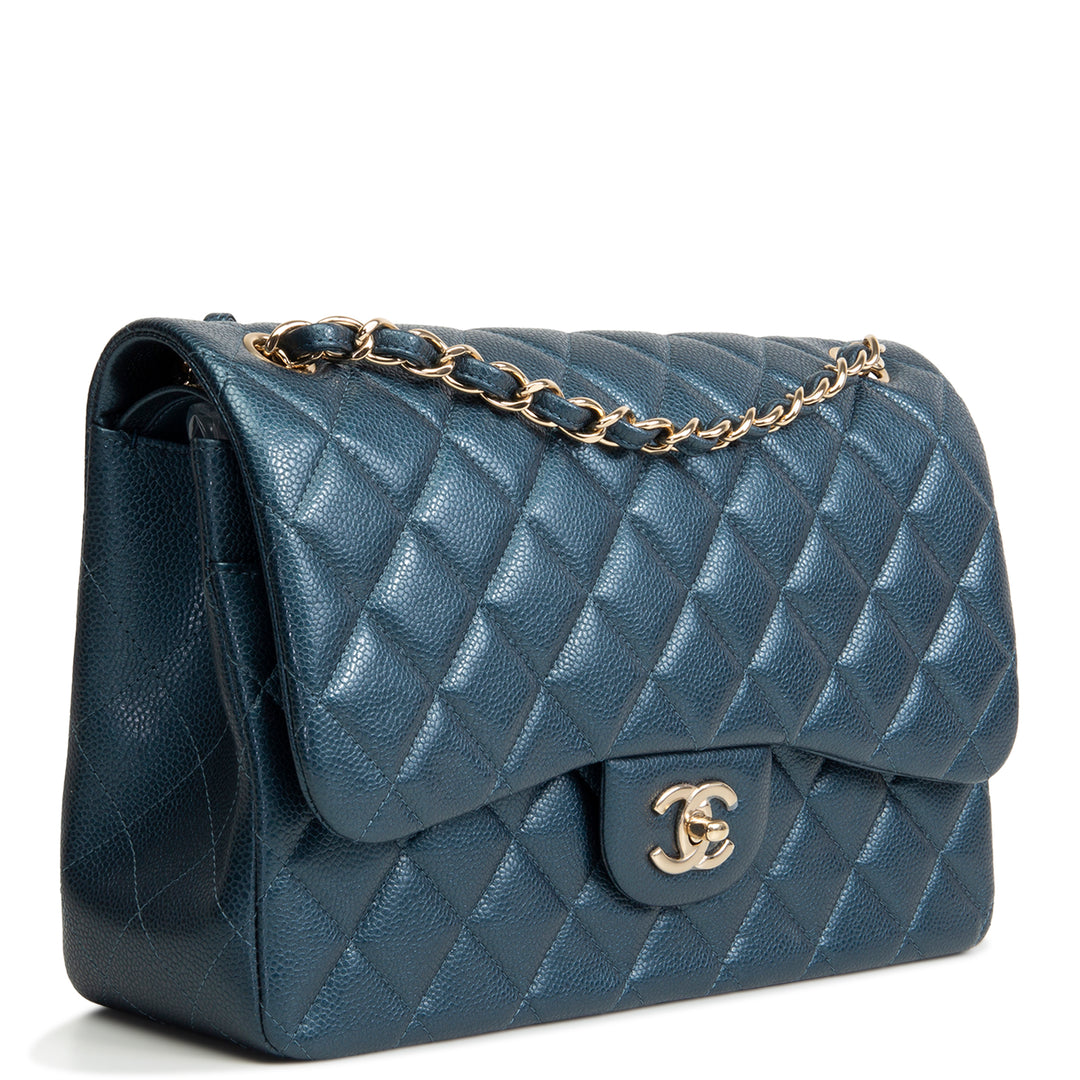 CHANEL Quilted Caviar Jumbo Double Flap Bag - Iridescent Navy
